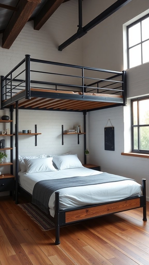 Industrial style loft bed with storage featuring a metal frame and wooden shelves in a cozy room.