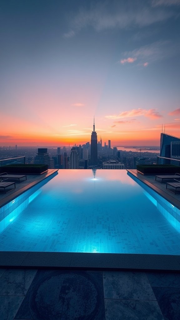 Infinity pool on a terrace overlooking a city skyline at sunset