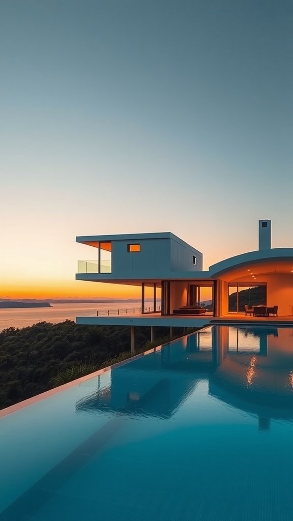 A modern house with an infinity pool overlooking a scenic horizon at sunset.