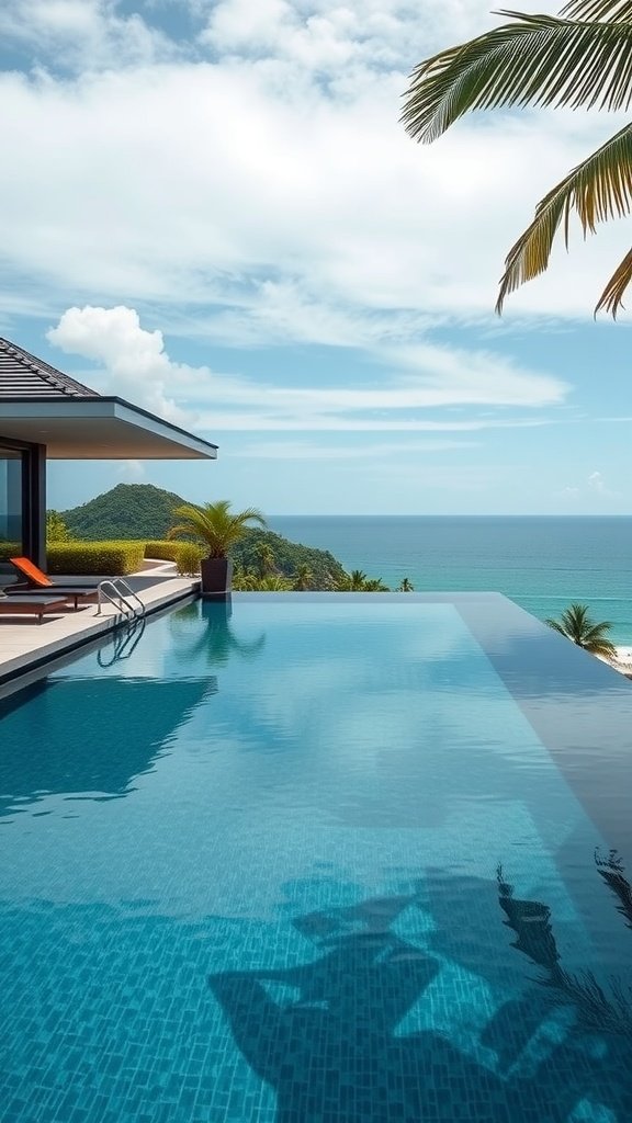 A modern tropical house with an infinity pool overlooking the ocean, featuring palm trees and a clear blue sky.