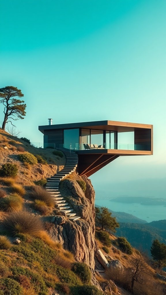 A contemporary cantilevered house on a hillside with a staircase leading up to it.