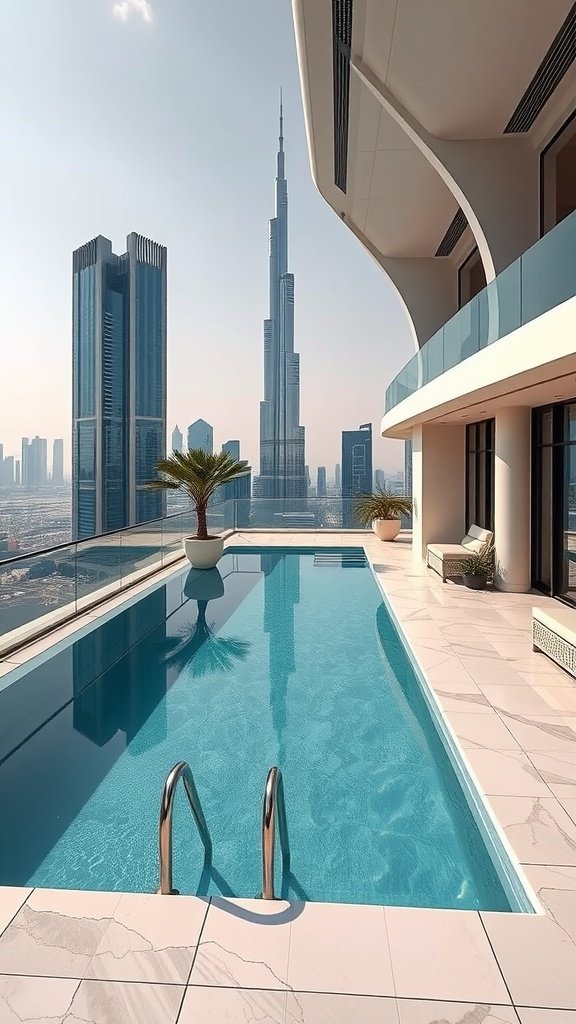 Luxury penthouse with a pool overlooking the city skyline in Dubai, featuring the Burj Khalifa.