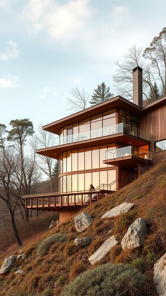 A modern hillside house with large windows, wooden exterior, and a spacious deck.