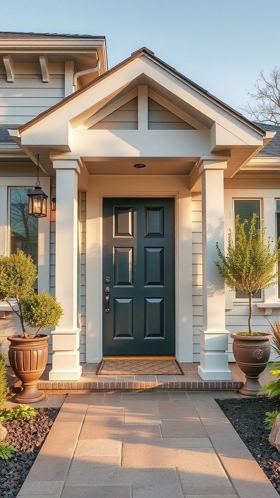 A modern entryway featuring a dark door, white columns, and potted plants.