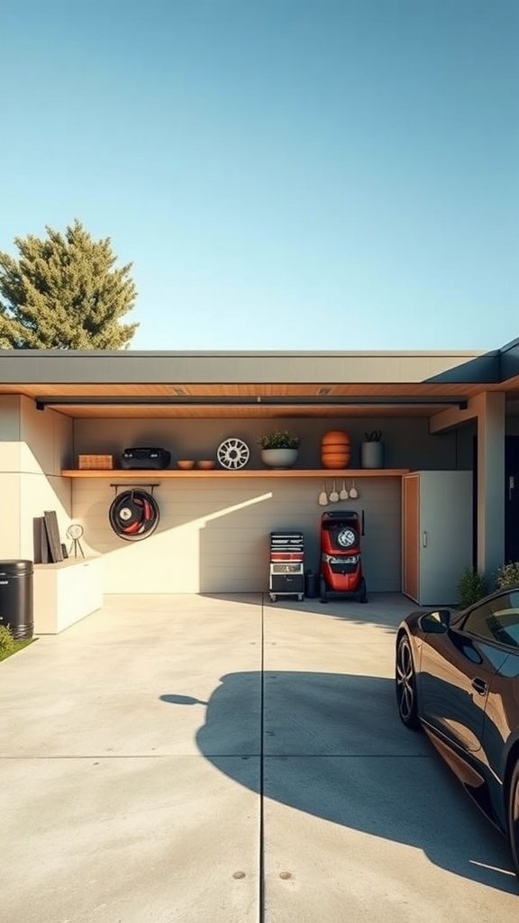 A modern garage with organized storage and a sleek design