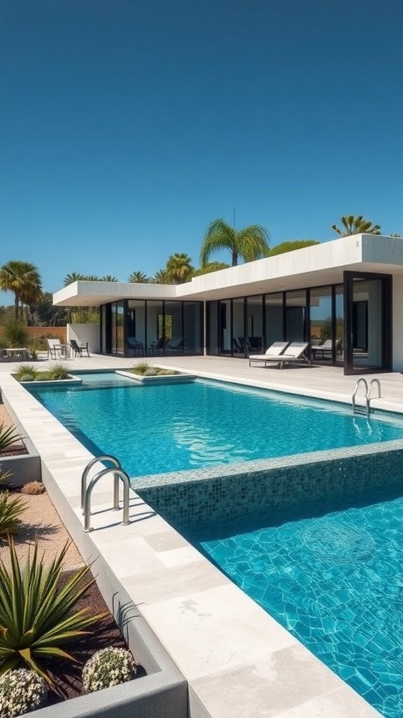 A modern house featuring a sunken pool surrounded by plants and outdoor seating.