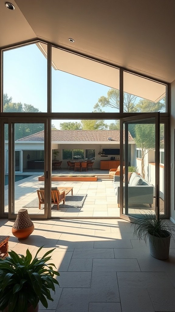 A spacious mid-century modern living area with large glass doors opening to an outdoor patio.