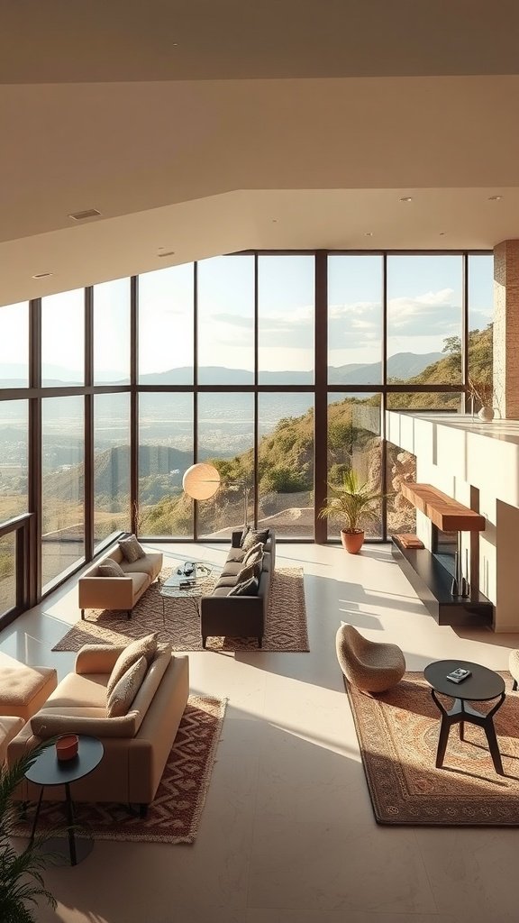 Spacious living area in a hillside home with large windows and modern furniture