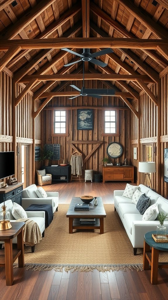 A modern barn house living room featuring wooden beams, light sofas, and a cozy rug.