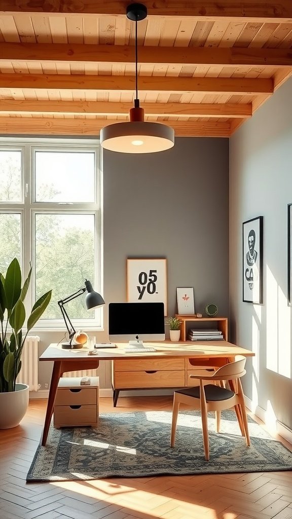 A stylish home office featuring a wooden desk, modern lighting fixtures, and a cozy atmosphere.