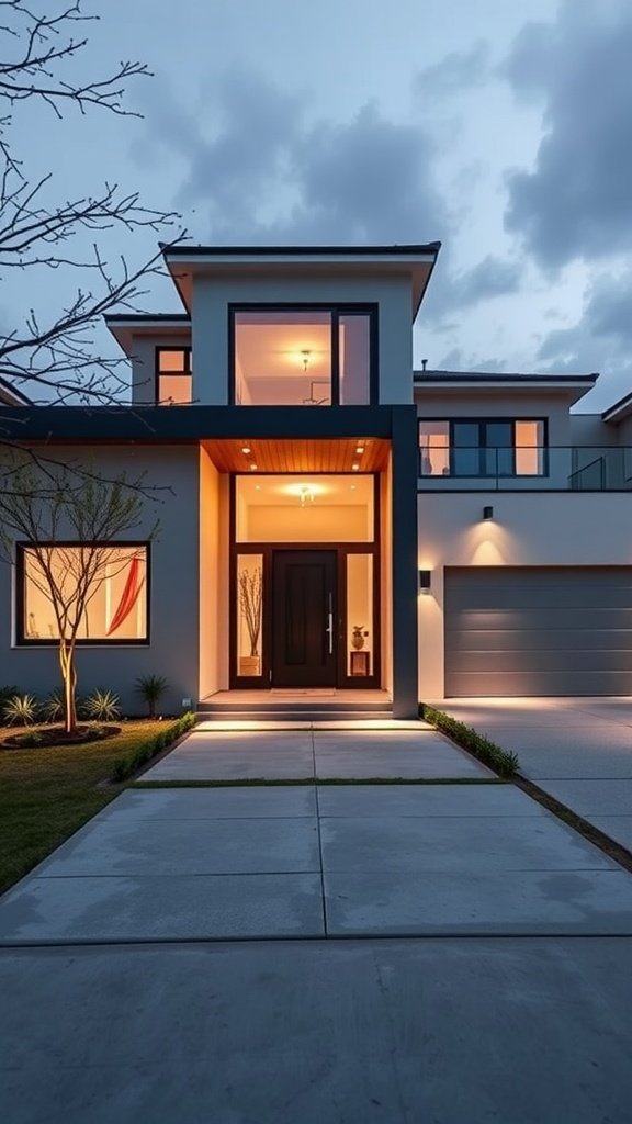 A modern house entrance illuminated at night, showcasing sleek lines and inviting lighting.