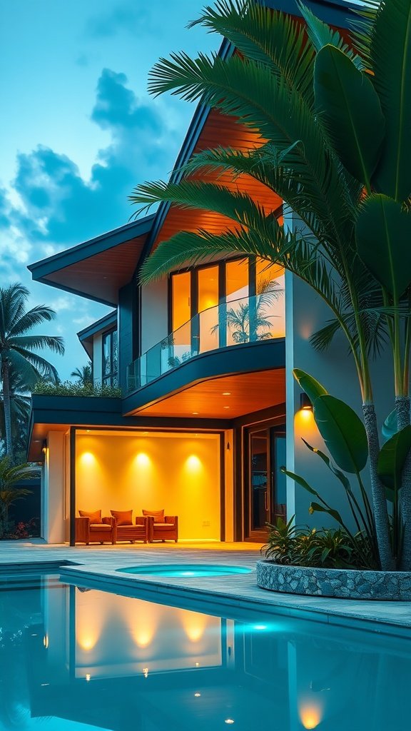 A modern tropical house at dusk with warm lighting illuminating the exterior and reflecting on the pool