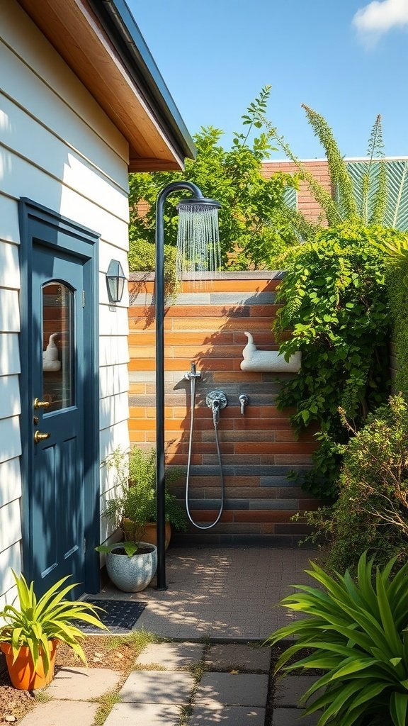 A modern outdoor shower next to a cottage, surrounded by greenery and natural stone walls.