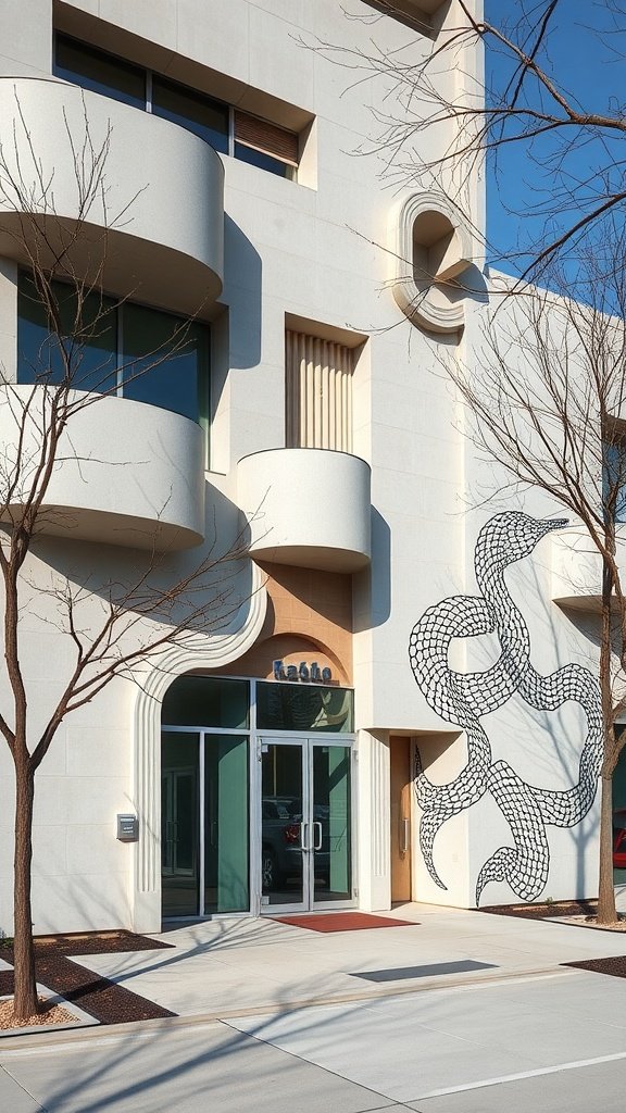 A modern building with curved balconies and a snake mural on the facade, showcasing creative use of precast concrete.
