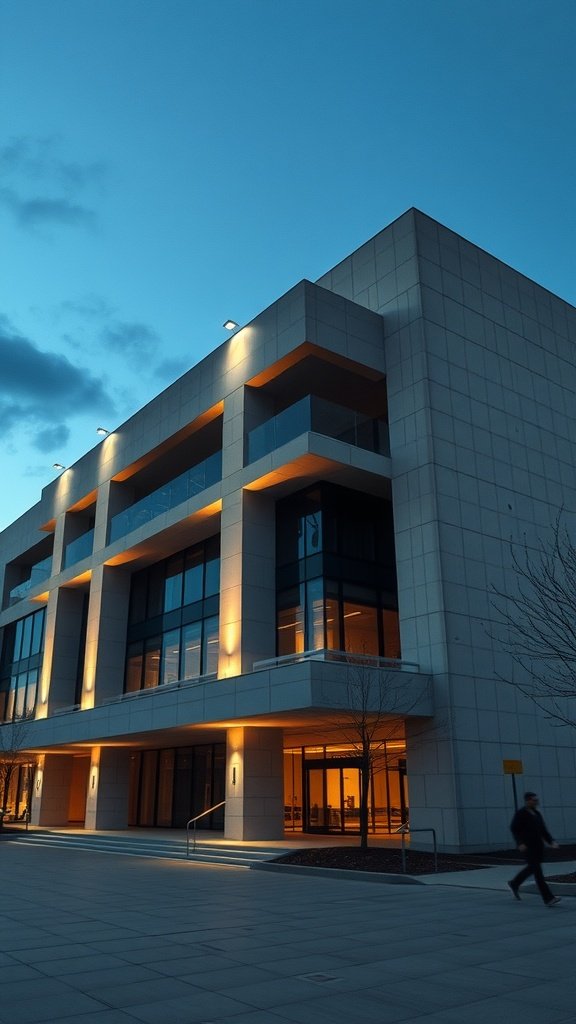 Modern building with precast concrete facade illuminated by warm lights