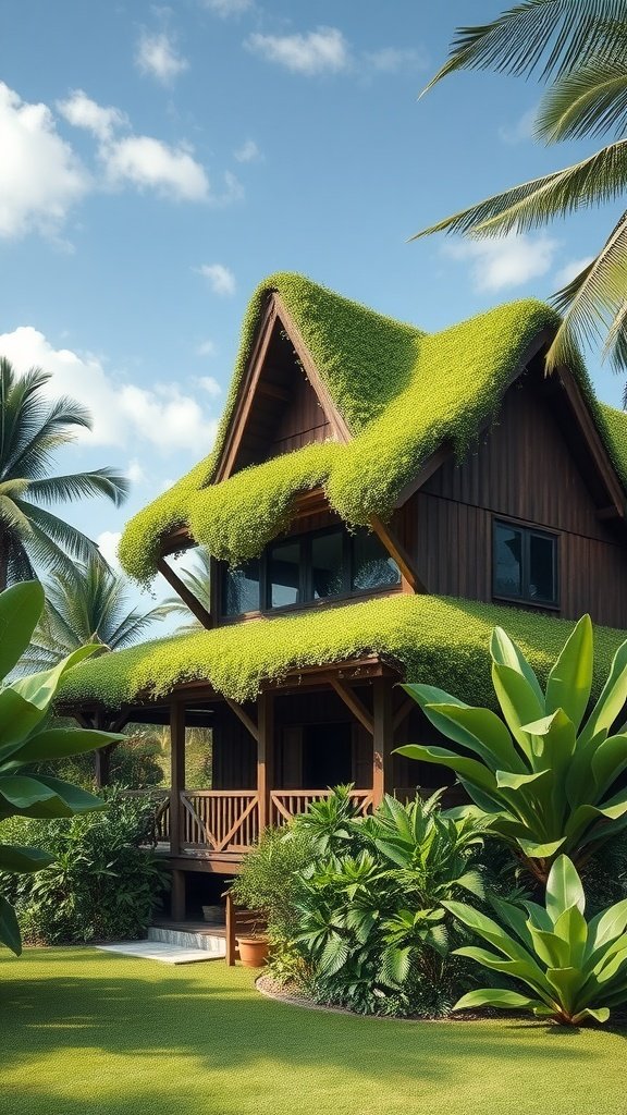 A tropical house with a lush green roof, surrounded by palm trees and tropical plants.