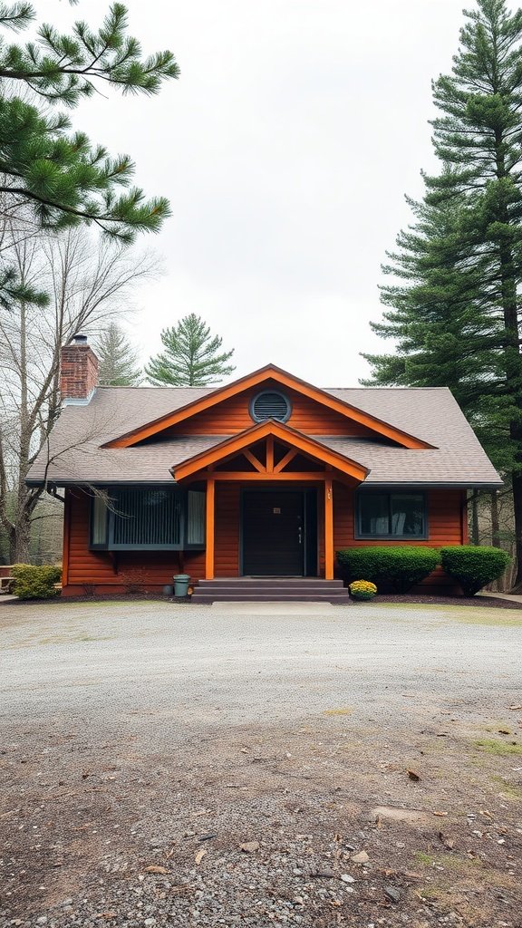 A mid-century modern cabin featuring a unique triangular roof design and warm wooden exterior, surrounded by trees.