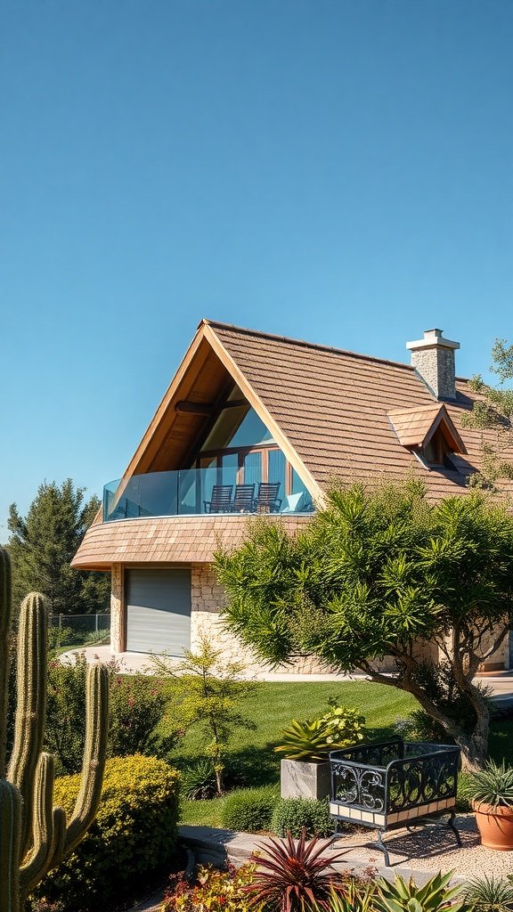 A hillside house with a steep roof design featuring a balcony and lush landscaping.