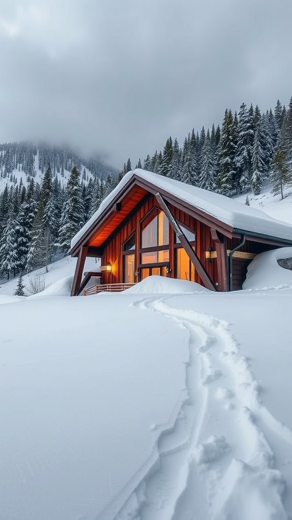 A modern mountain home with a steeply pitched roof in a snowy landscape, surrounded by evergreens.