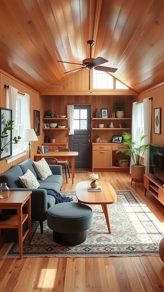 Cozy mid-century modern living room with wooden walls, stylish furniture, and plenty of natural light.