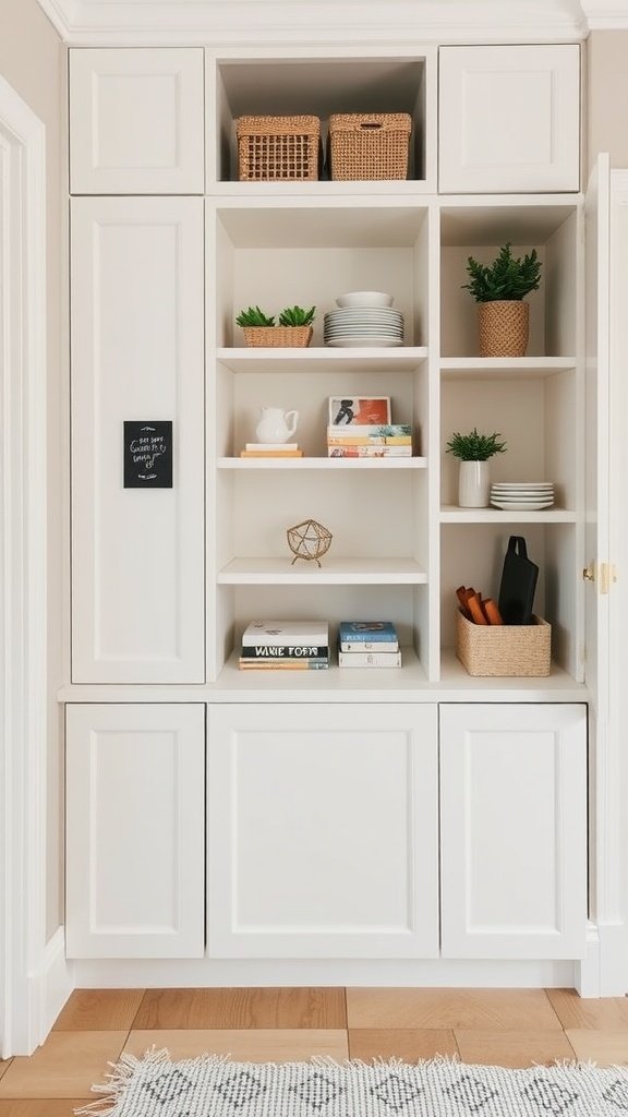 A modern storage unit featuring open and closed shelves, with decorative items, plants, and wicker baskets.