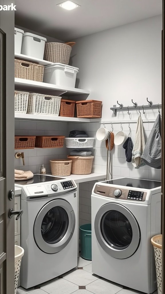 A stylish farmhouse laundry room with shelves, baskets, and neatly arranged appliances.