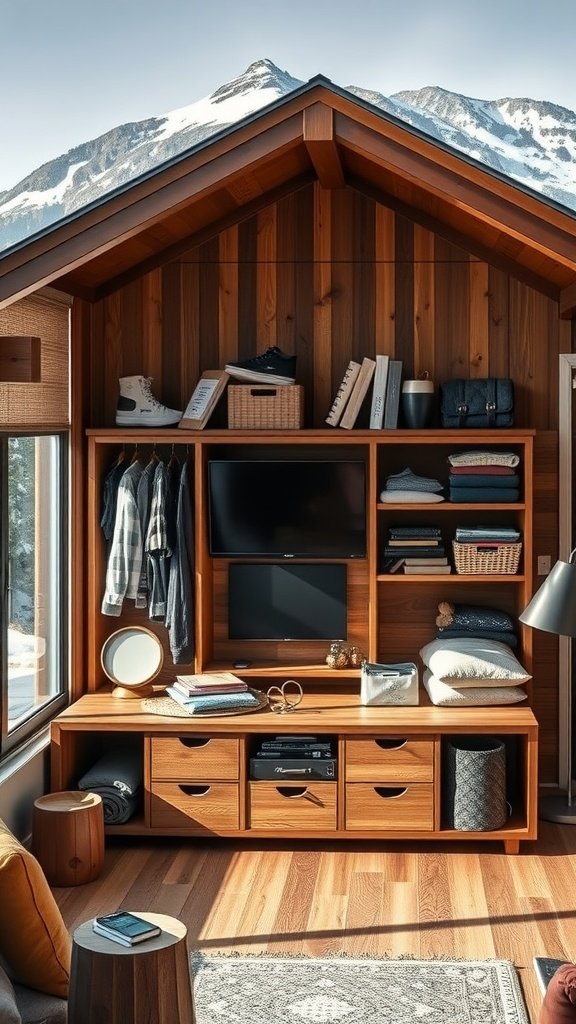 A modern mountain home interior featuring wooden shelves, storage solutions, and a mountain view.