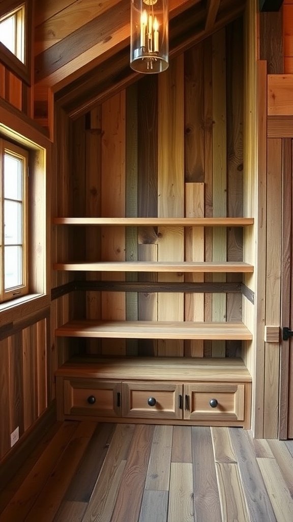 Wooden shelves and drawers in a small living space, providing efficient storage