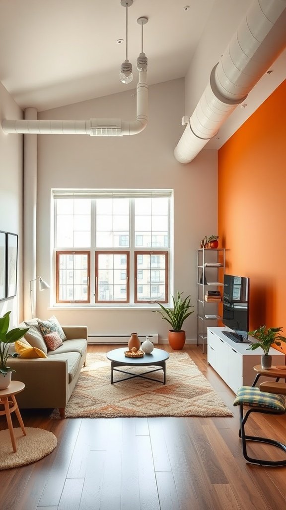 A modern loft apartment with a cozy seating area, large windows, and an orange feature wall.