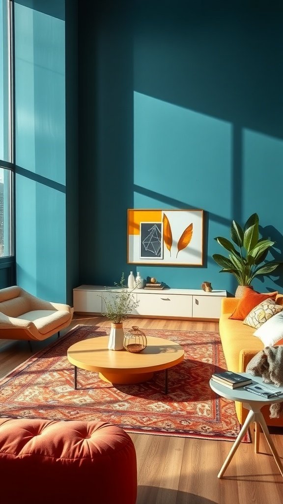 A vibrant living room showcasing teal walls, orange accents, and modern furniture.