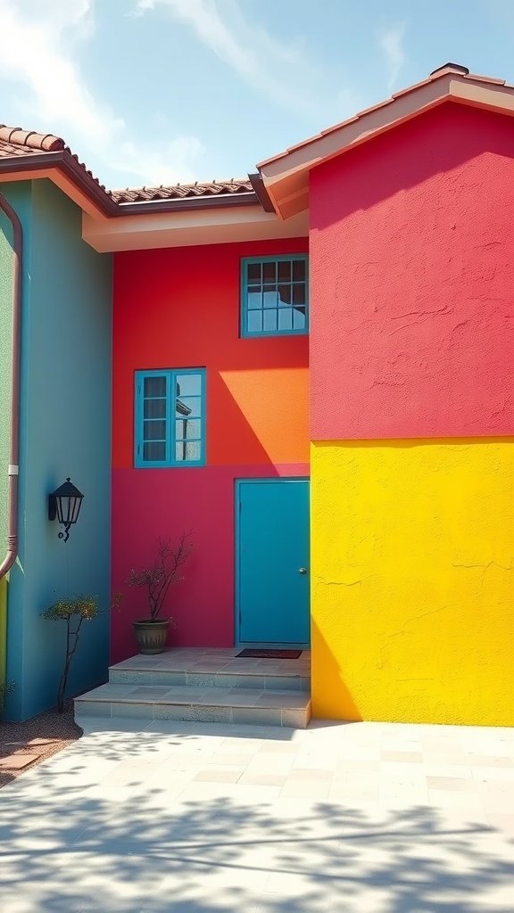 Colorful precast concrete facade featuring red, yellow, blue, and green sections.