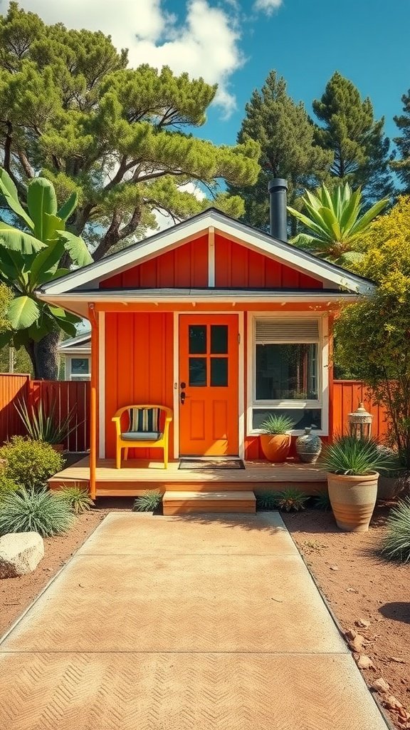 A vibrant orange tiny house with green plants and a colorful chair on the porch, surrounded by trees.