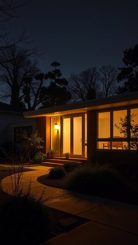 A 1950s mid-century modern house illuminated at night, showcasing warm light from large windows and a welcoming entrance.
