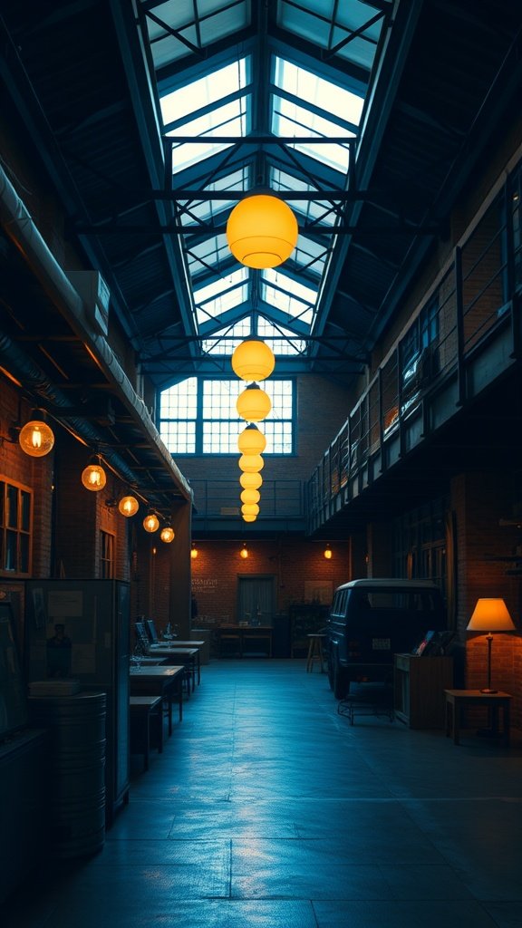 A modern loft corridor with large round pendant lights casting warm light, showcasing an industrial design