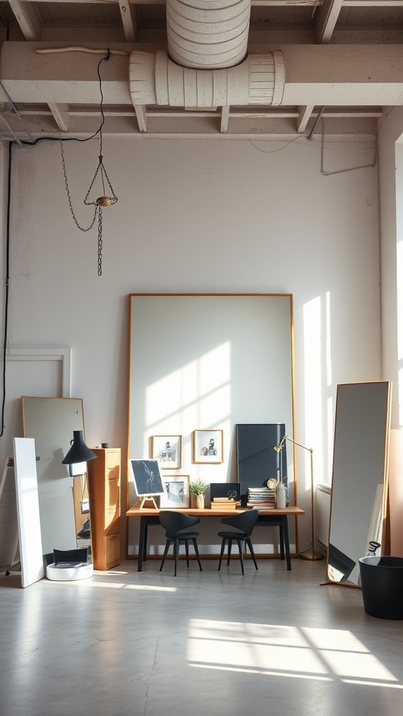 A stylish loft apartment featuring a workspace with multiple mirrors and artistic elements.