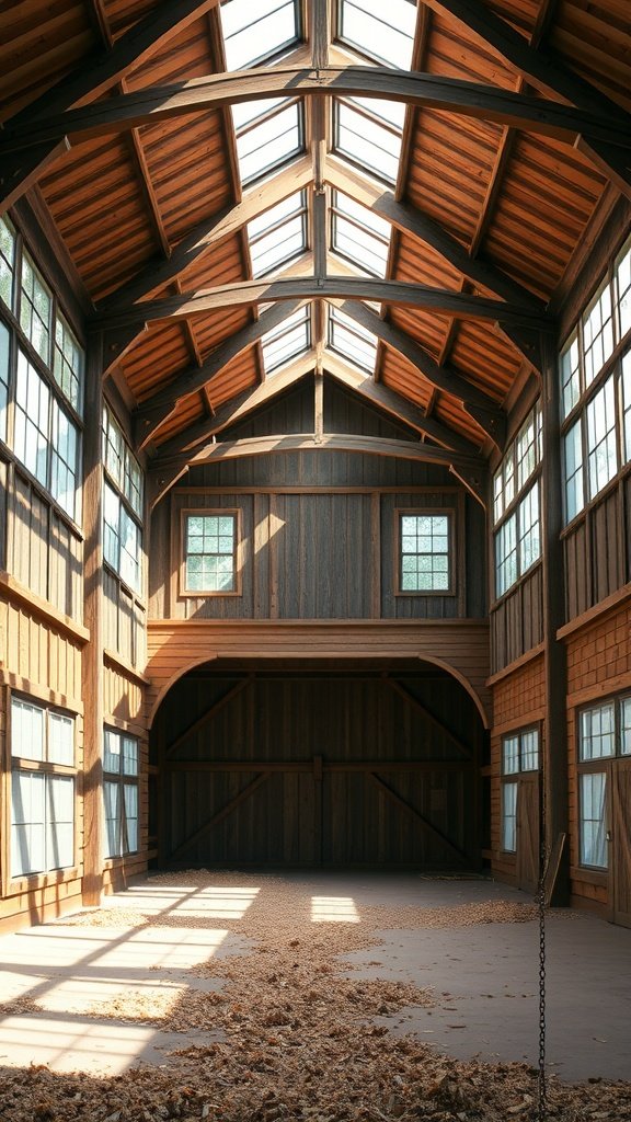 Interior of a modern barn house with large windows and skylights creating a bright space.