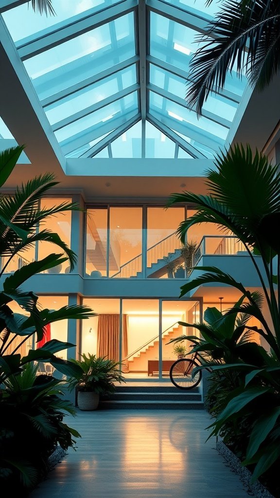 A modern tropical house featuring a glass roof and lush greenery, showcasing the innovative use of natural light.