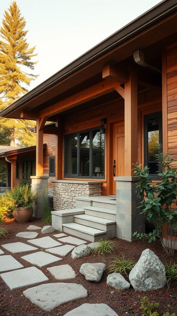 A mid-century modern house front with wooden beams, stone accents, and a stone pathway.