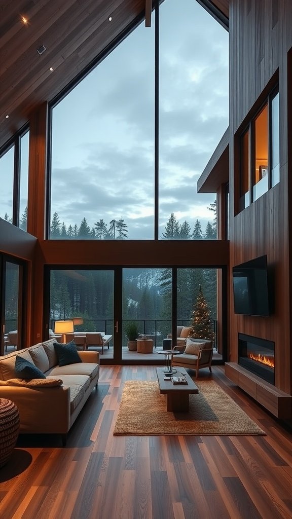 A modern mountain living room with large windows overlooking trees, featuring a cozy fireplace and stylish furniture.