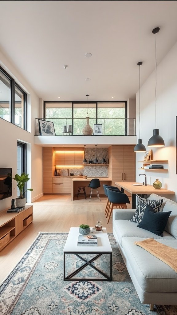 A modern living space with high ceilings, open layout, and stylish furniture.