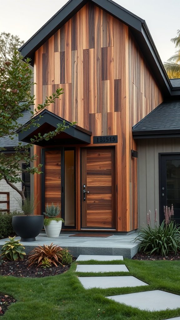 A contemporary house exterior featuring wooden panels and a stylish entryway.