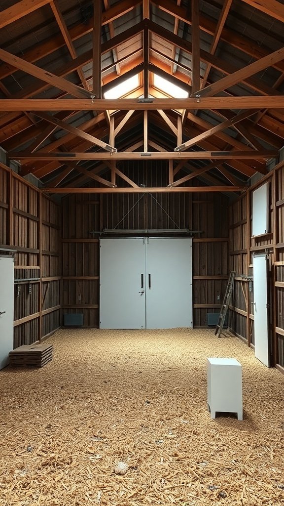 Interior of a modern barn with a wooden ceiling and open space