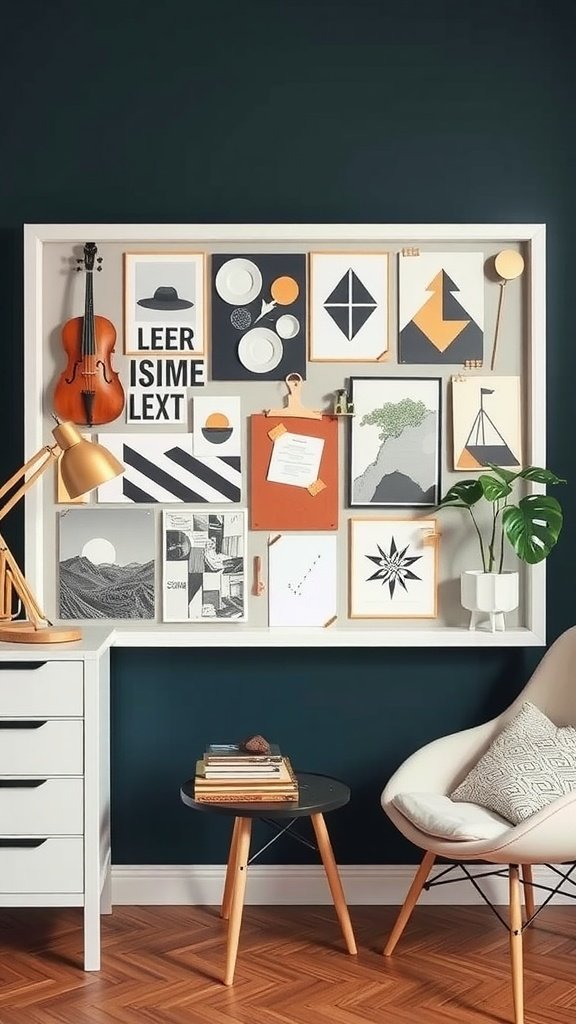 A mood board display featuring various art prints, a violin, and a cozy plant, set against a dark green wall.