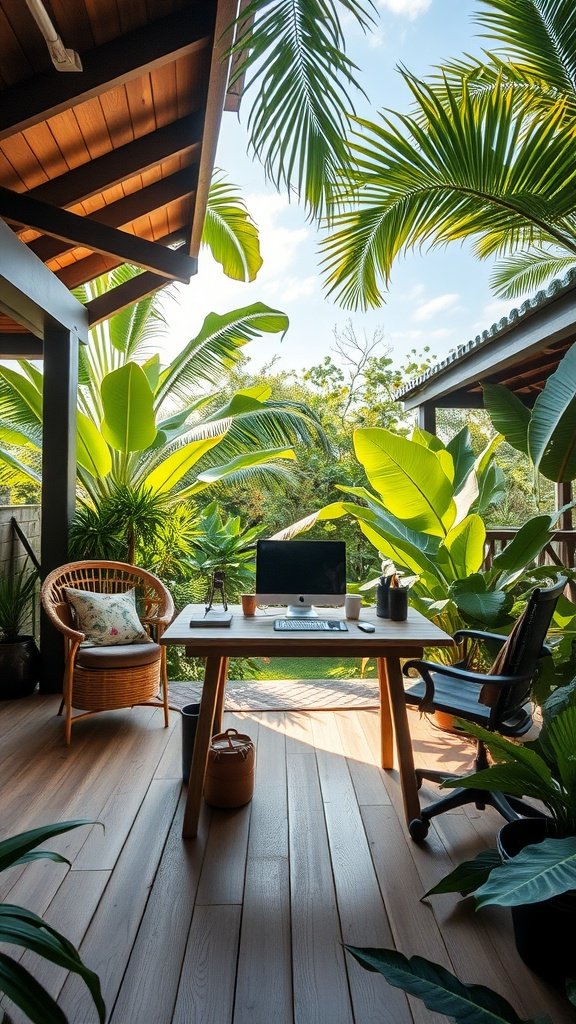 An outdoor workspace surrounded by lush tropical plants with a wooden desk, computer, and seating.