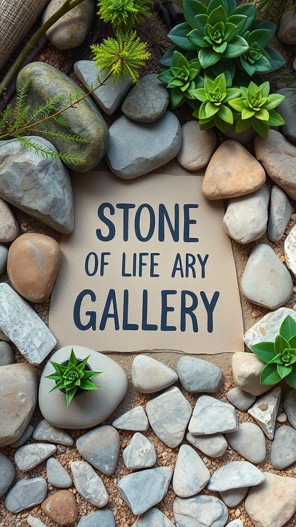 A beautiful arrangement of stones and succulents surrounding a sign that says 'STONE OF LIFE ARY GALLERY.'