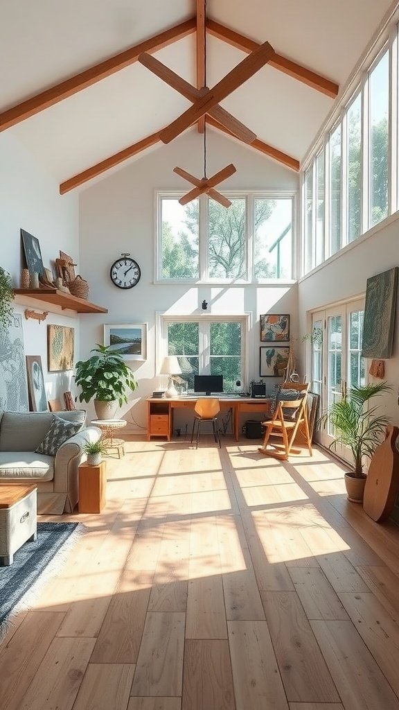 A bright and airy artist retreat with wooden beams, large windows, and a cozy atmosphere.