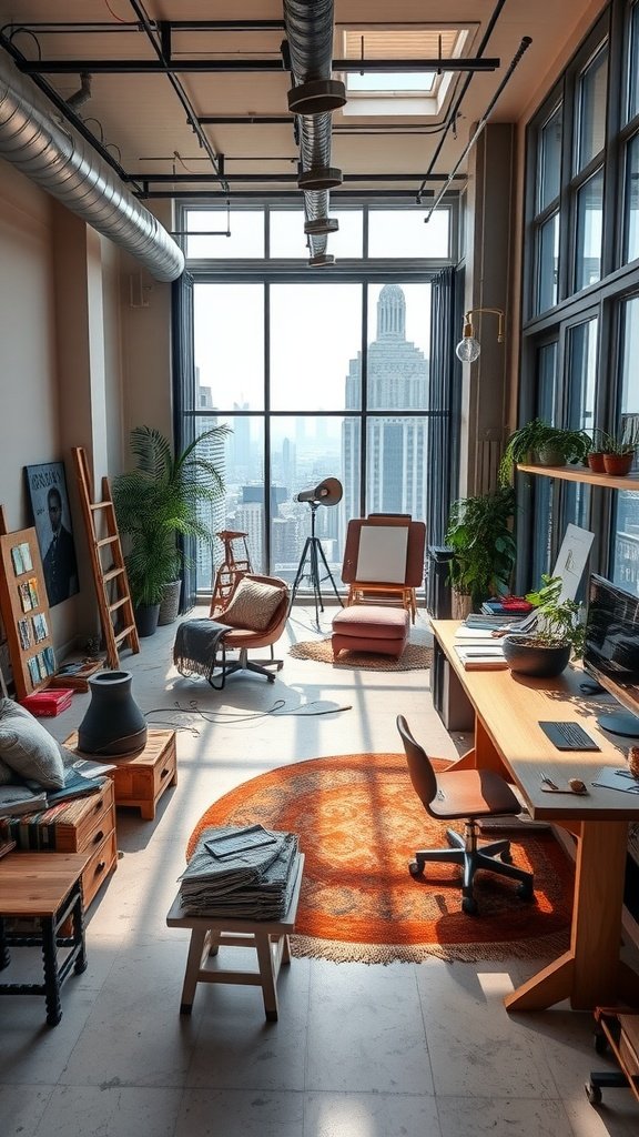 An artistic studio with a large window view, cozy furniture, and a warm color scheme
