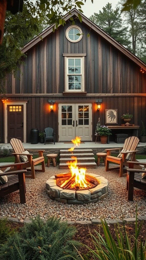 A cozy outdoor fire pit area with Adirondack chairs surrounding a stone fire pit in front of a modern barn house.