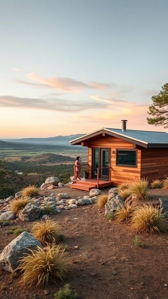 A mid-century modern tiny house situated on a hillside with scenic views of rolling hills and a colorful sky.