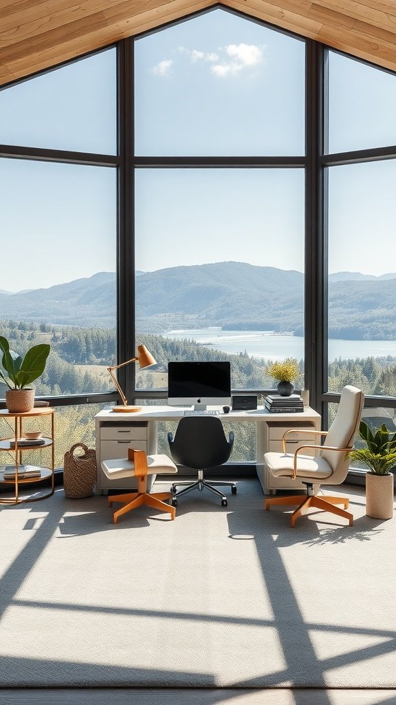 A well-designed home office with large windows overlooking mountains and a lake, featuring modern furniture and plants.